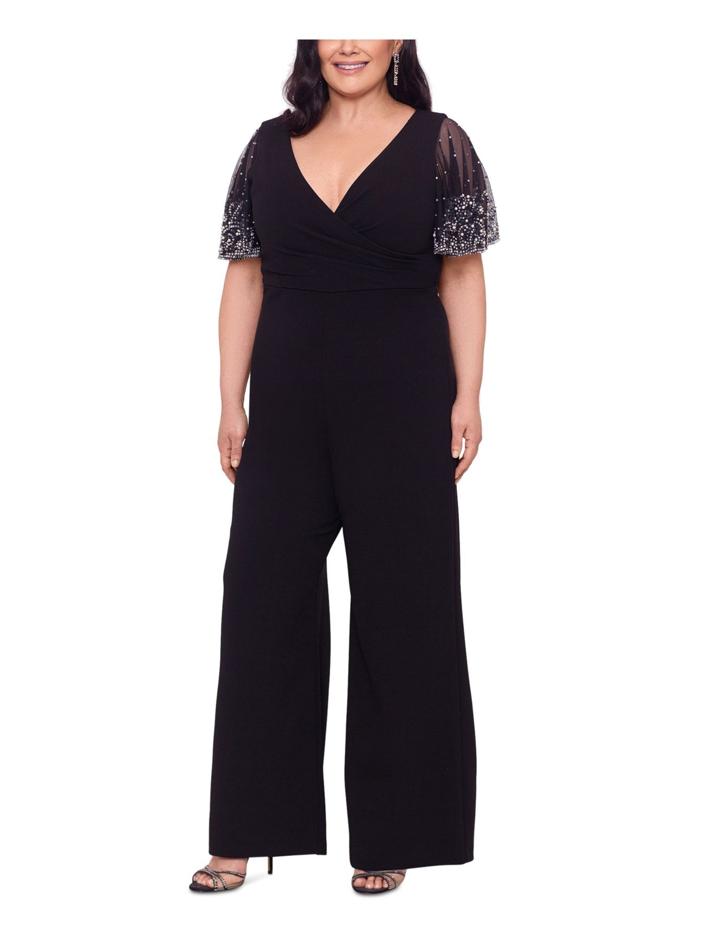 BETSY & ADAM Womens Stretch Embellished Zippered Pleated Flutter Sleeve V Neck Party Wide Leg Jumpsuit
