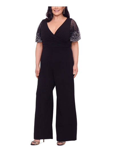 BETSY & ADAM Womens Black Stretch Embellished Zippered Pleated Flutter Sleeve V Neck Party Wide Leg Jumpsuit Plus 18W