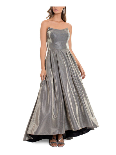 BETSY & ADAM Womens Silver Pocketed Zippered Tulle Pleated Boning Hi Lo Hem Sleeveless Strapless Full-Length Formal Gown Dress 4