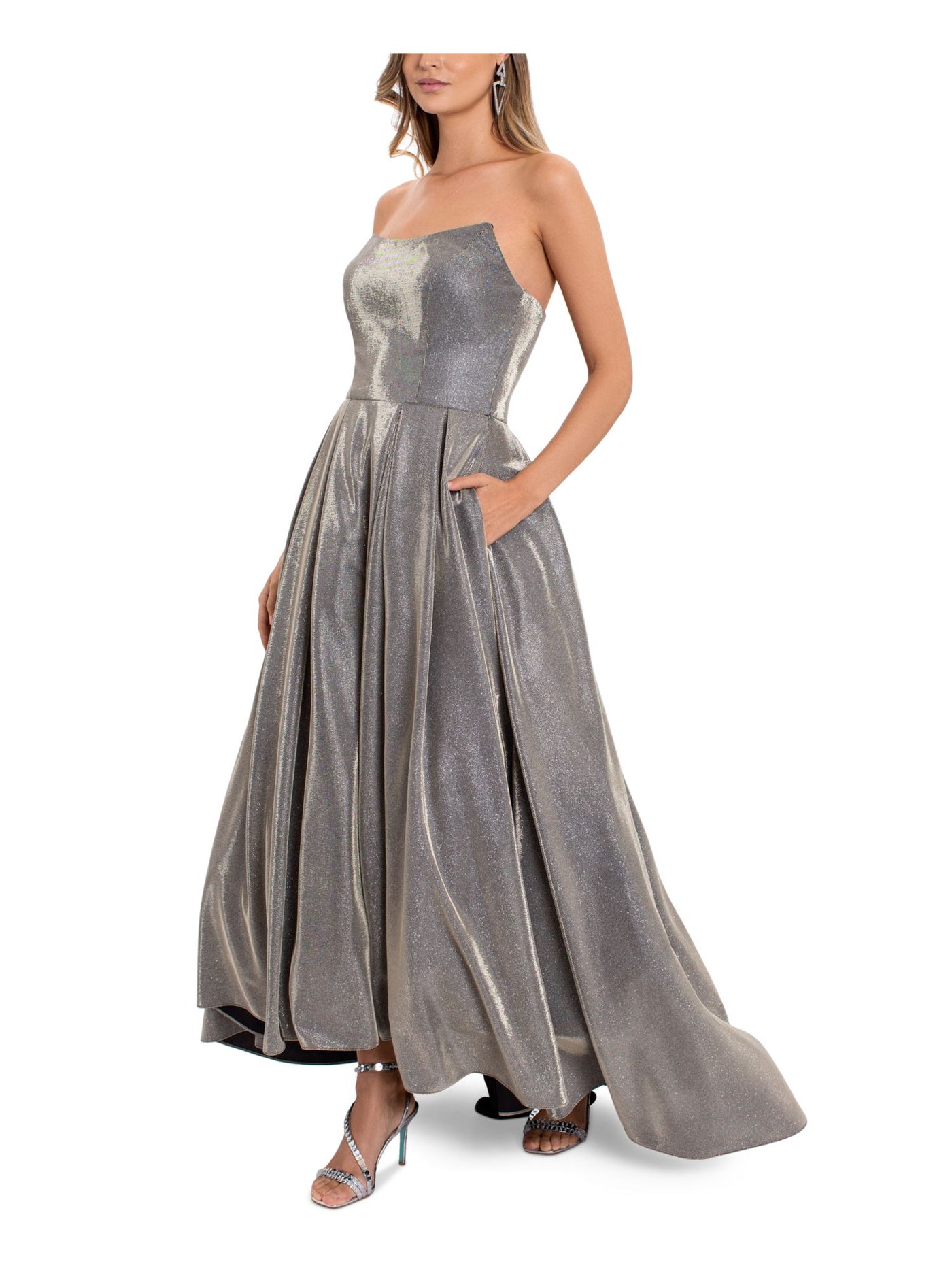 BETSY & ADAM Womens Silver Pocketed Zippered Tulle Pleated Boning Hi Lo Hem Sleeveless Strapless Full-Length Formal Gown Dress 0