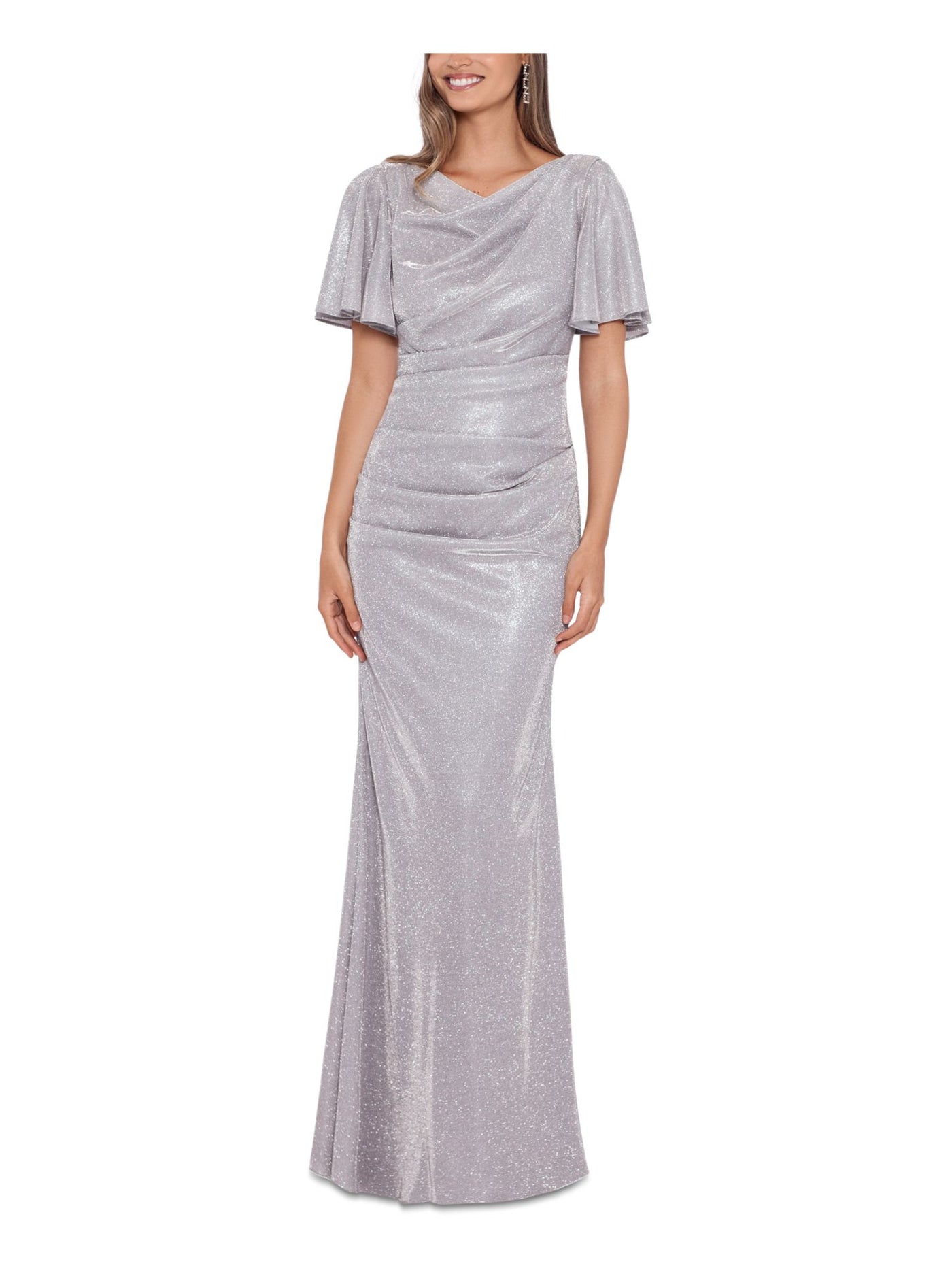 BETSY & ADAM Womens Silver Glitter Zippered Flutter Sleeve Boat Neck Full-Length Formal Gown Dress Petites 12P