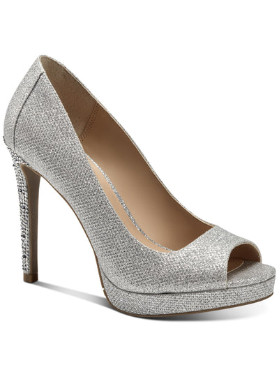 THALIA SODI Womens Silver Glitter Padded Embellished Lenna Peep Toe Stiletto Slip On Dress Pumps Shoes 9 M