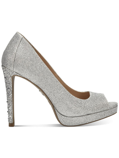 THALIA SODI Womens Silver Glitter Padded Embellished Lenna Peep Toe Stiletto Slip On Dress Pumps Shoes 9 M