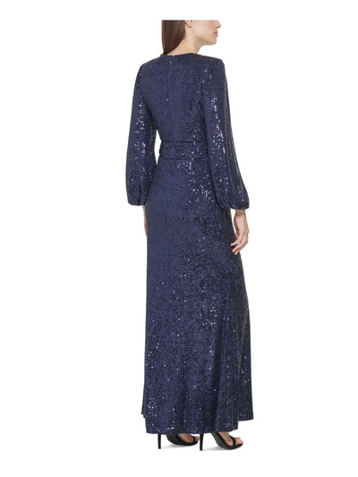 VINCE CAMUTO Womens Navy Sequined Zippered Shoulder Pads Blouson Sleeve V Neck Full-Length Evening Gown Dress Petites 2P