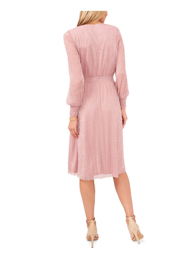 MSK Womens Pink Smocked Sheer Pullover Lined Long Sleeve V Neck Knee Length Party Fit + Flare Dress Petites PS