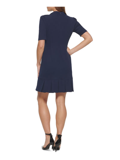 DKNY Womens Navy Zippered Gathered Logo Button Detail Pleated Short Sleeve Mock Neck Above The Knee Wear To Work Sheath Dress 2