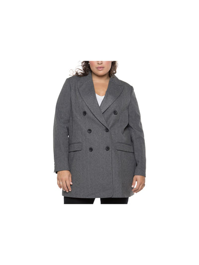 BLACK TAPE Womens Gray Pocketed Lined Double Breasted Herringbone Wear To Work Blazer Coat Plus 0X
