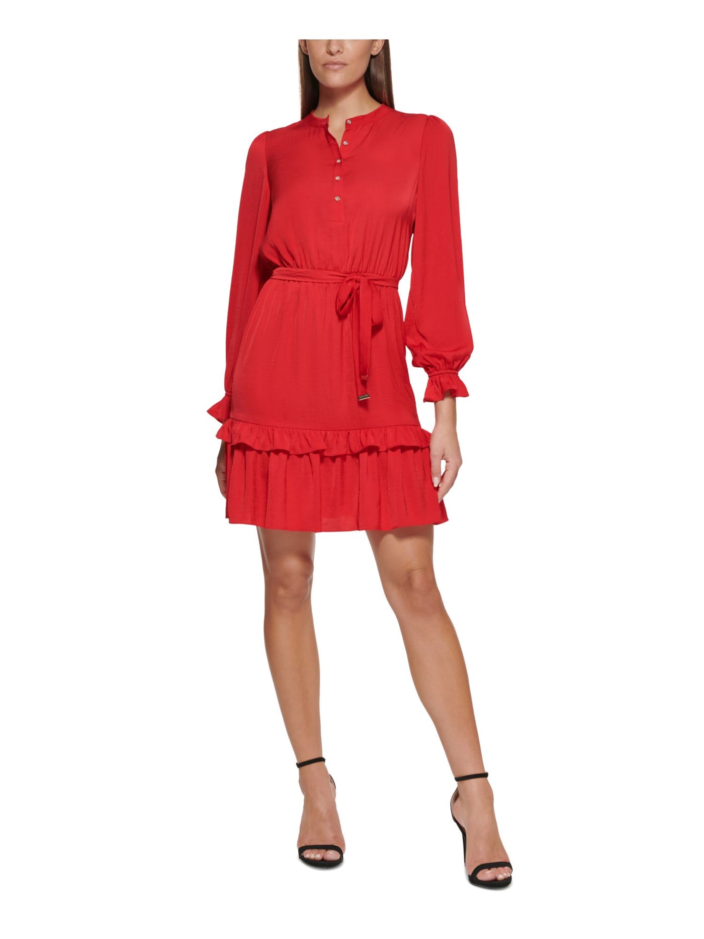 TOMMY HILFIGER Womens Red Ruffled Pull-on Style Blouson Sleeve Round Neck Above The Knee Party Shift Dress Petites 6P