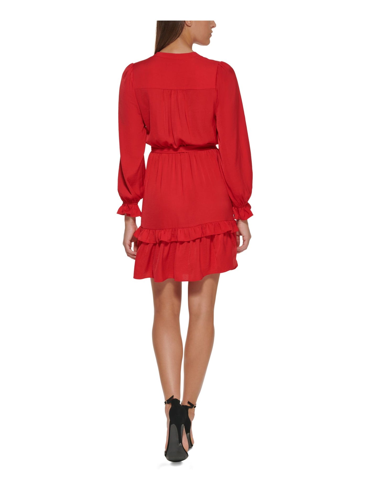 TOMMY HILFIGER Womens Red Ruffled Pull-on Style Blouson Sleeve Round Neck Above The Knee Party Shift Dress Petites 12P