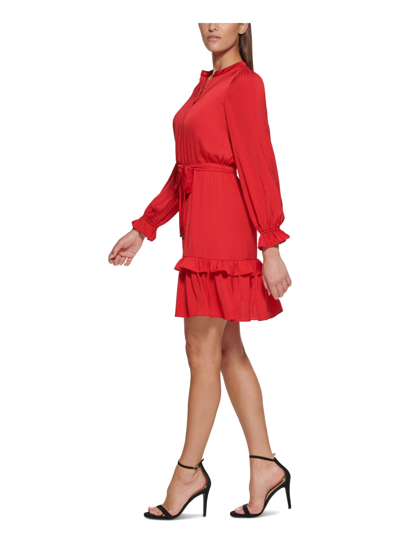 TOMMY HILFIGER Womens Red Ruffled Pull-on Style Blouson Sleeve Round Neck Above The Knee Party Shift Dress Petites 12P