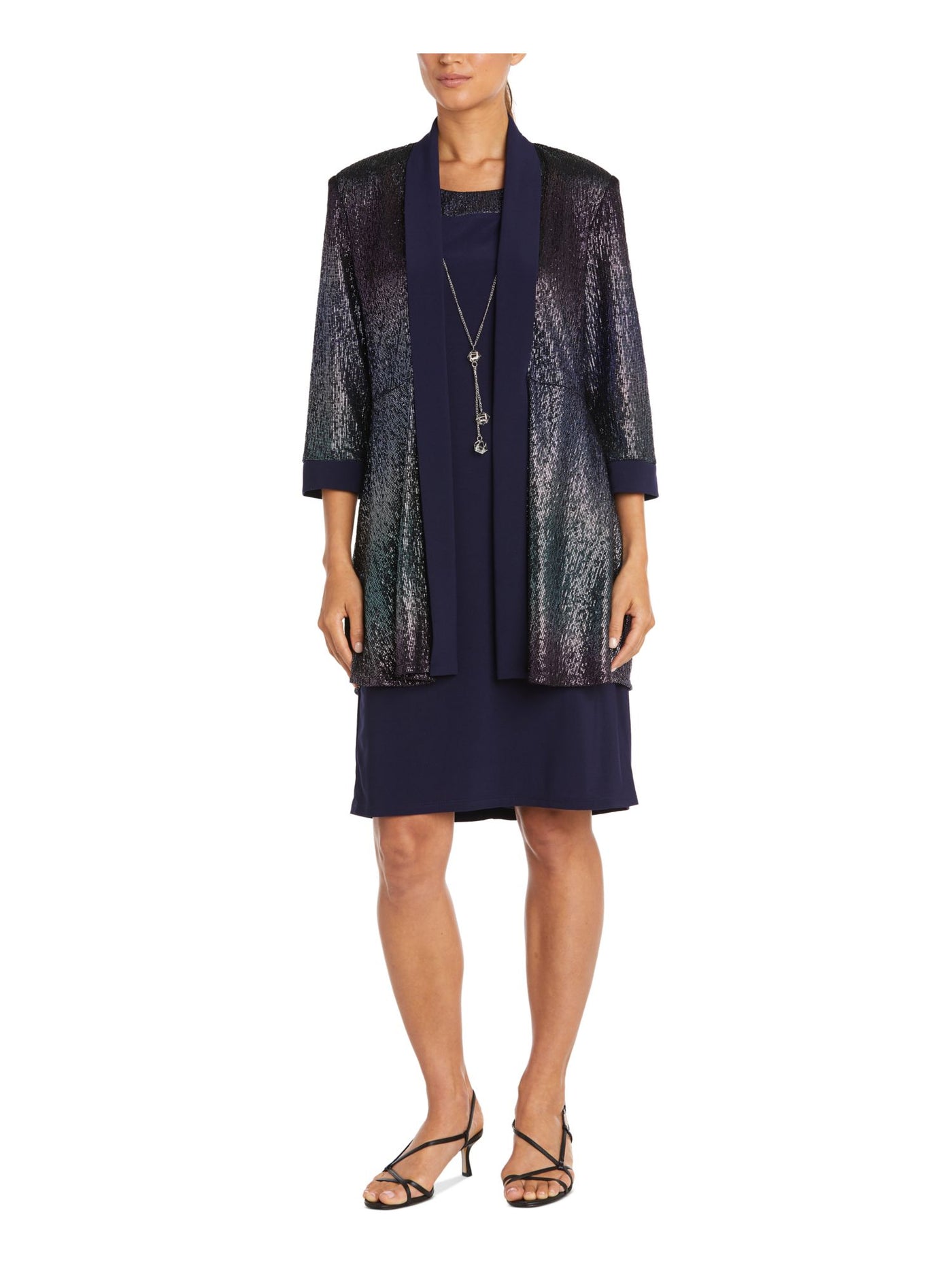 R&M RICHARDS Womens Navy Metallic Solid Shawl Collar Ombre 3/4 Sleeve Open Front Party Cardigan 12