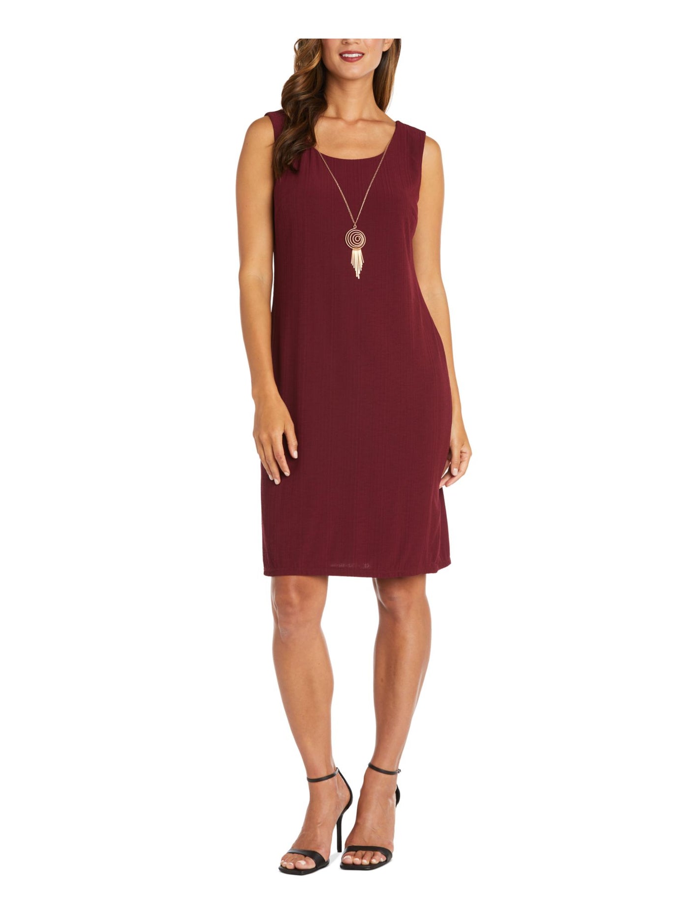 R&M RICHARDS Womens Burgundy Lined 3/4 Bell Sleeves Open Front Sleeveless Scoop Neck Knee Length Wear To Work Shift Dress 12