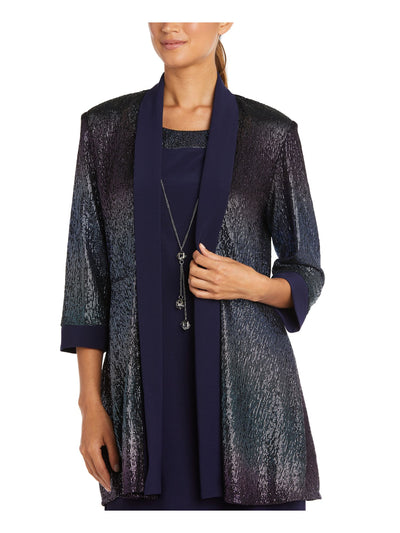 R&M RICHARDS Womens Navy Metallic Solid Shawl Collar Ombre 3/4 Sleeve Open Front Party Cardigan 6