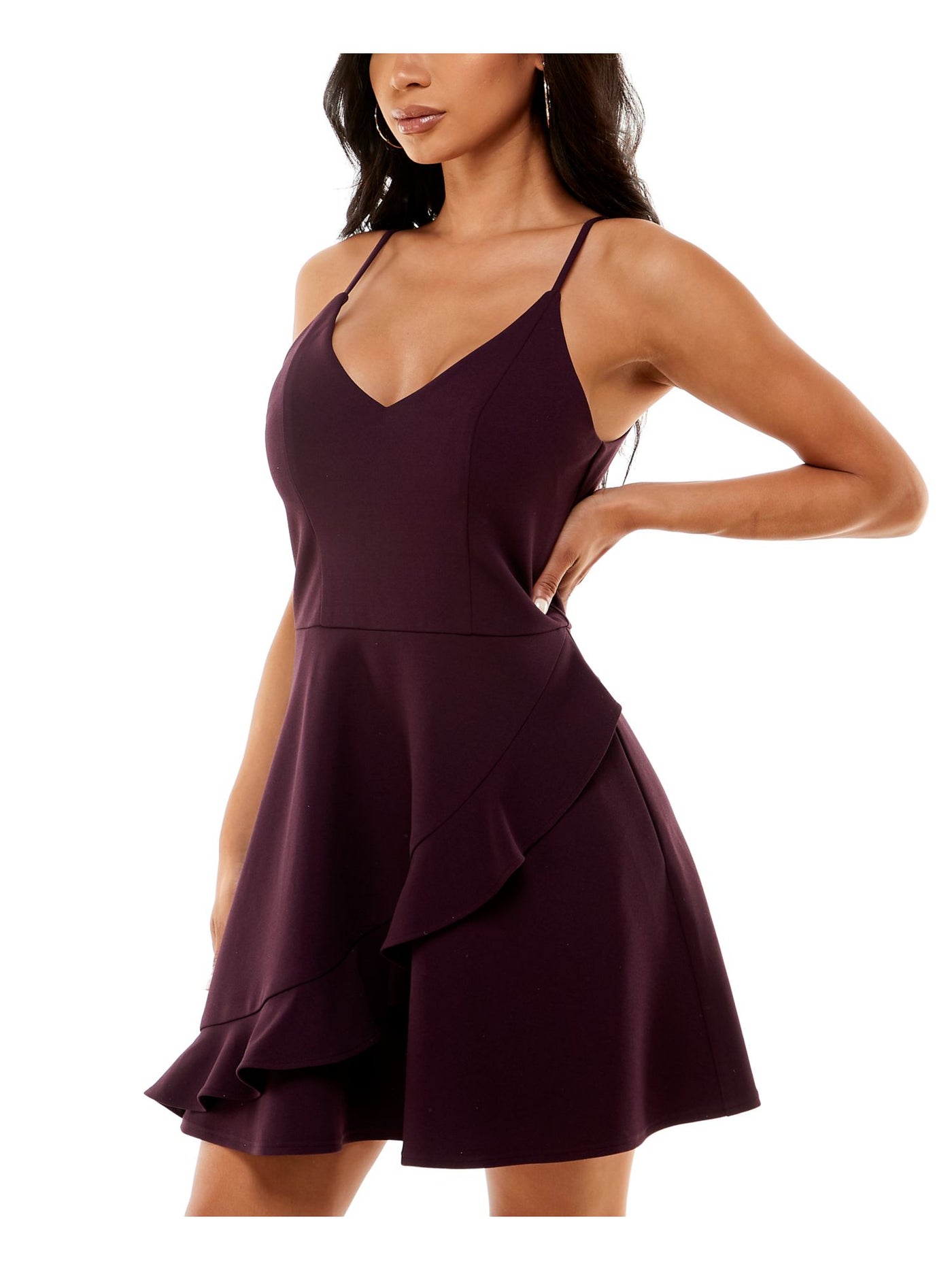 SPEECHLESS Womens Purple Ruffled Zippered Partially Lined Sleeveless V Neck Short Cocktail Fit + Flare Dress Juniors L