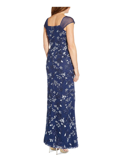 ADRIANNA PAPELL Womens Blue Zippered Lined Floral Cap Sleeve Square Neck Full-Length Evening Gown Dress Petites 6P
