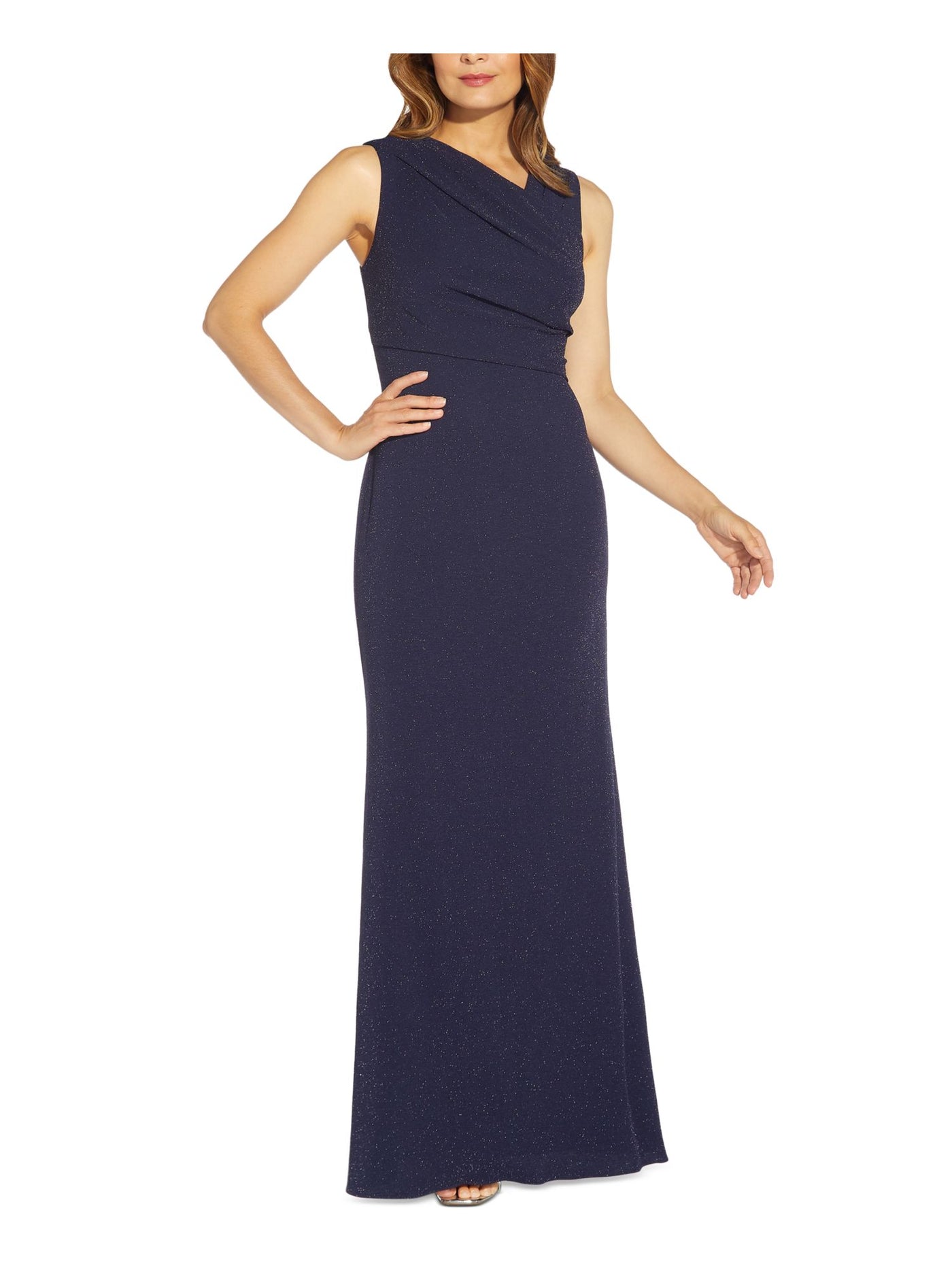 ADRIANNA PAPELL Womens Navy Glitter Zippered Line Asymmetrical Sleeveless V Neck Full-Length Evening Gown Dress 6