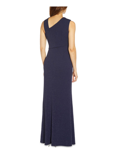 ADRIANNA PAPELL Womens Navy Glitter Zippered Line Asymmetrical Sleeveless V Neck Full-Length Evening Gown Dress 6