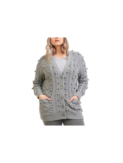 BLACK TAPE Womens Gray Textured Pocketed Button Closure Ribbed Long Sleeve Open Front Sweater Plus 2X