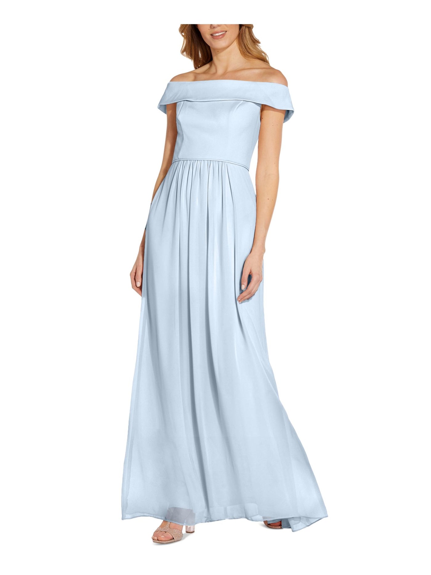ADRIANNA PAPELL Womens Light Blue Pleated Zippered Chiffon Short Sleeve Off Shoulder Maxi Formal Fit + Flare Dress 2