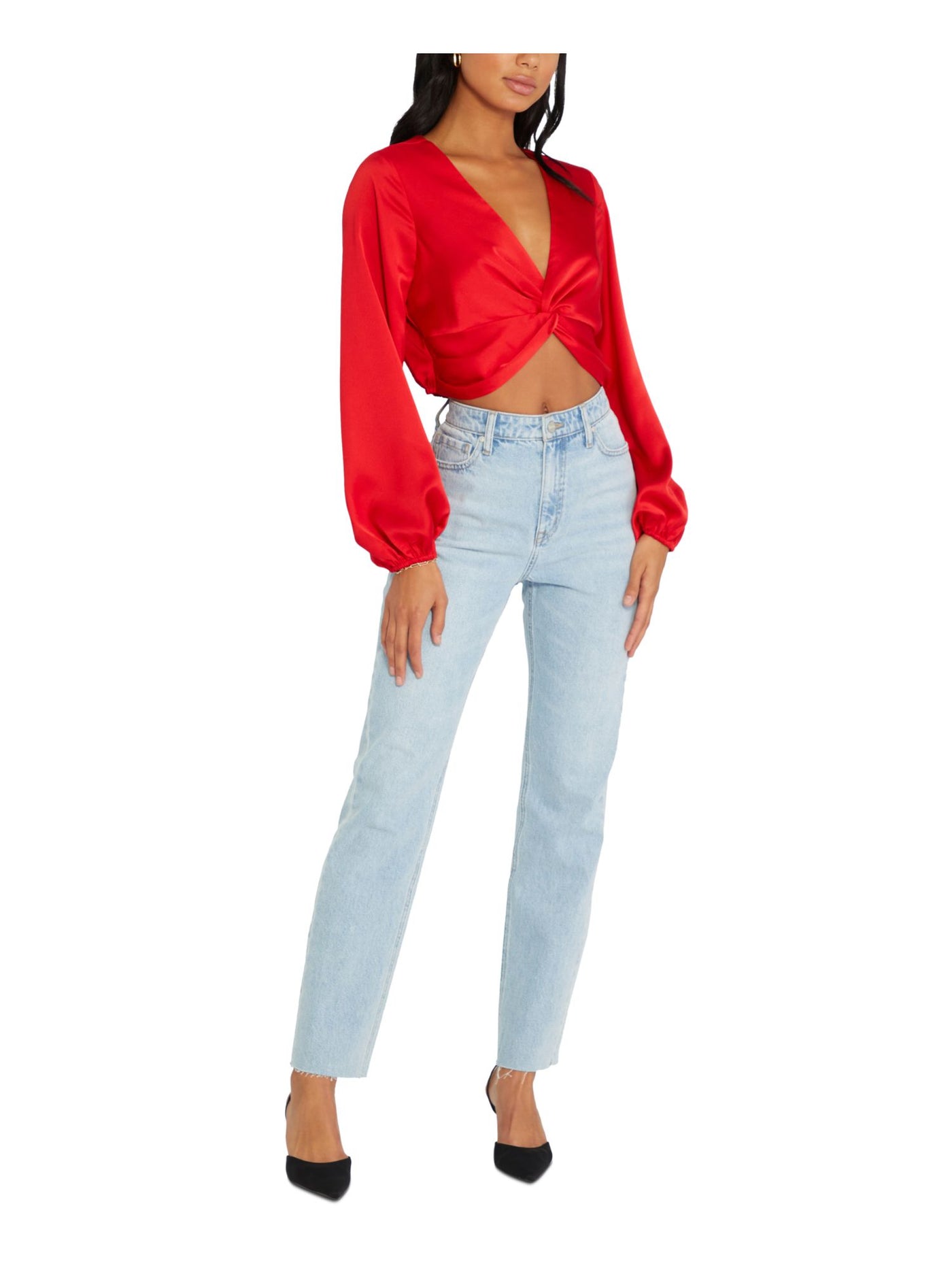 SANCTUARY Womens Red Twist Front Satin Long Sleeve V Neck Crop Top XL