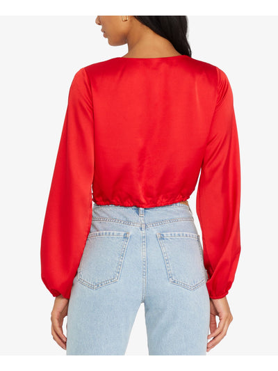 SANCTUARY Womens Red Twist Front Satin Long Sleeve V Neck Crop Top XL