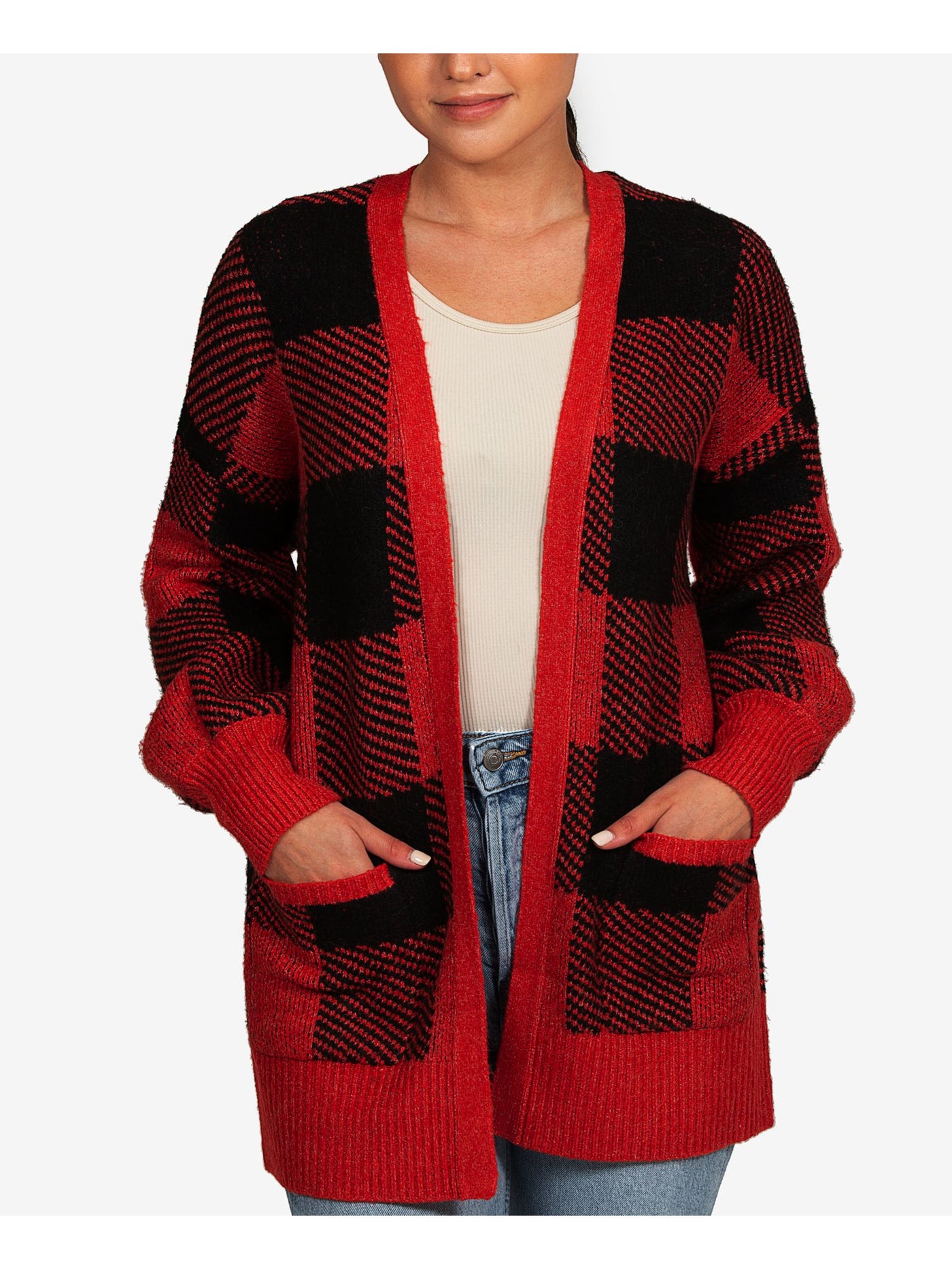 HIPPIE ROSE Womens Red Knit Pocketed Ribbed Cardigan Plaid Balloon Sleeve Open Front Sweater Juniors M