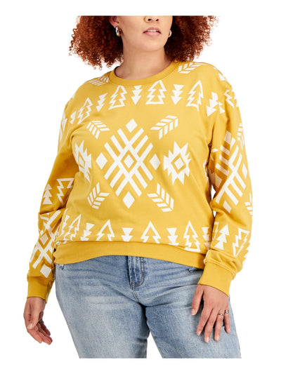 MIGHTY FINE Womens Yellow Cotton Blend Ribbed Printed Long Sleeve Crew Neck Sweater Plus 1X