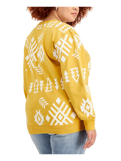 MIGHTY FINE Womens Yellow Cotton Blend Ribbed Printed Long Sleeve Crew Neck Sweater Plus 1X
