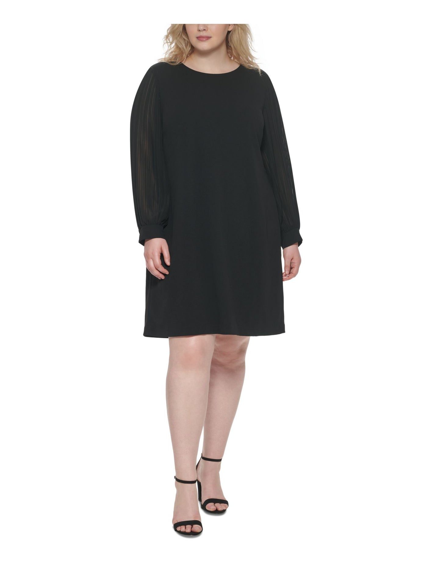 TOMMY HILFIGER Womens Zippered Sheer Pleated Long Sleeves Round Neck Above The Knee Wear To Work Shift Dress