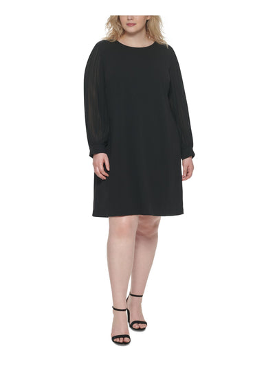 TOMMY HILFIGER Womens Zippered Sheer Pleated Long Sleeves Round Neck Above The Knee Wear To Work Shift Dress
