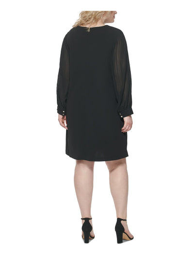 TOMMY HILFIGER Womens Zippered Sheer Pleated Long Sleeves Round Neck Above The Knee Wear To Work Shift Dress