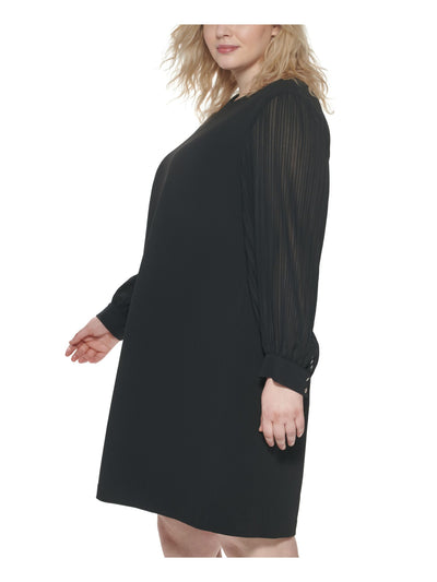 TOMMY HILFIGER Womens Zippered Sheer Pleated Long Sleeves Round Neck Above The Knee Wear To Work Shift Dress
