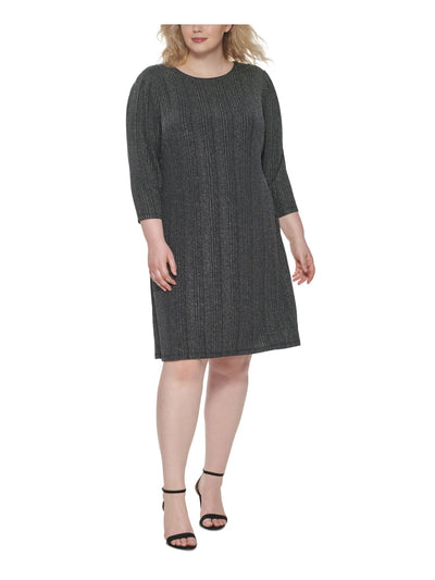 TOMMY HILFIGER Womens Gray Stretch Zippered 3/4 Sleeve Round Neck Above The Knee Cocktail Shift Dress Plus 16W