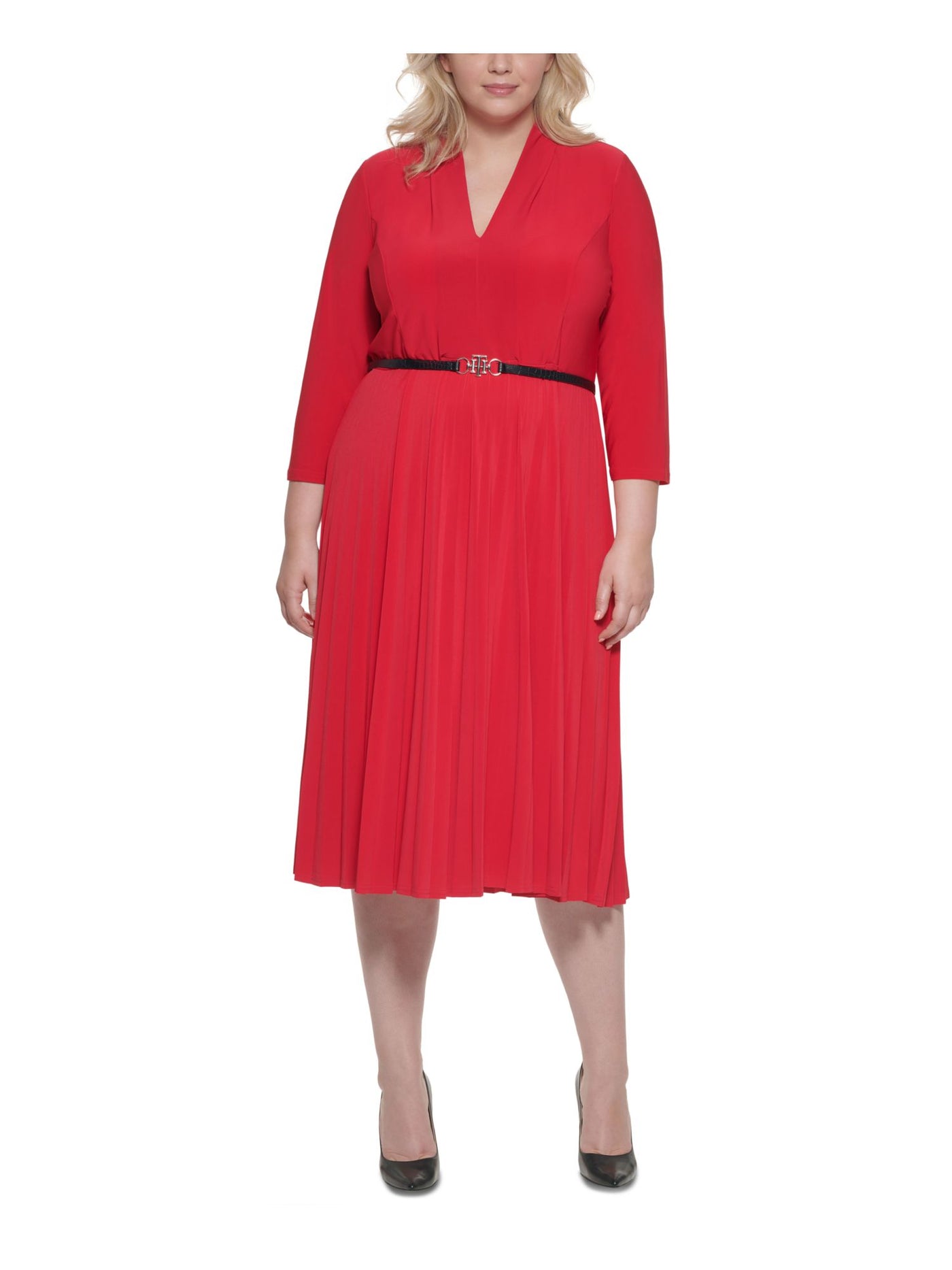 TOMMY HILFIGER Womens Red Stretch Belted Zippered Pleated Long Sleeve V Neck Midi Wear To Work Fit + Flare Dress Plus 18W