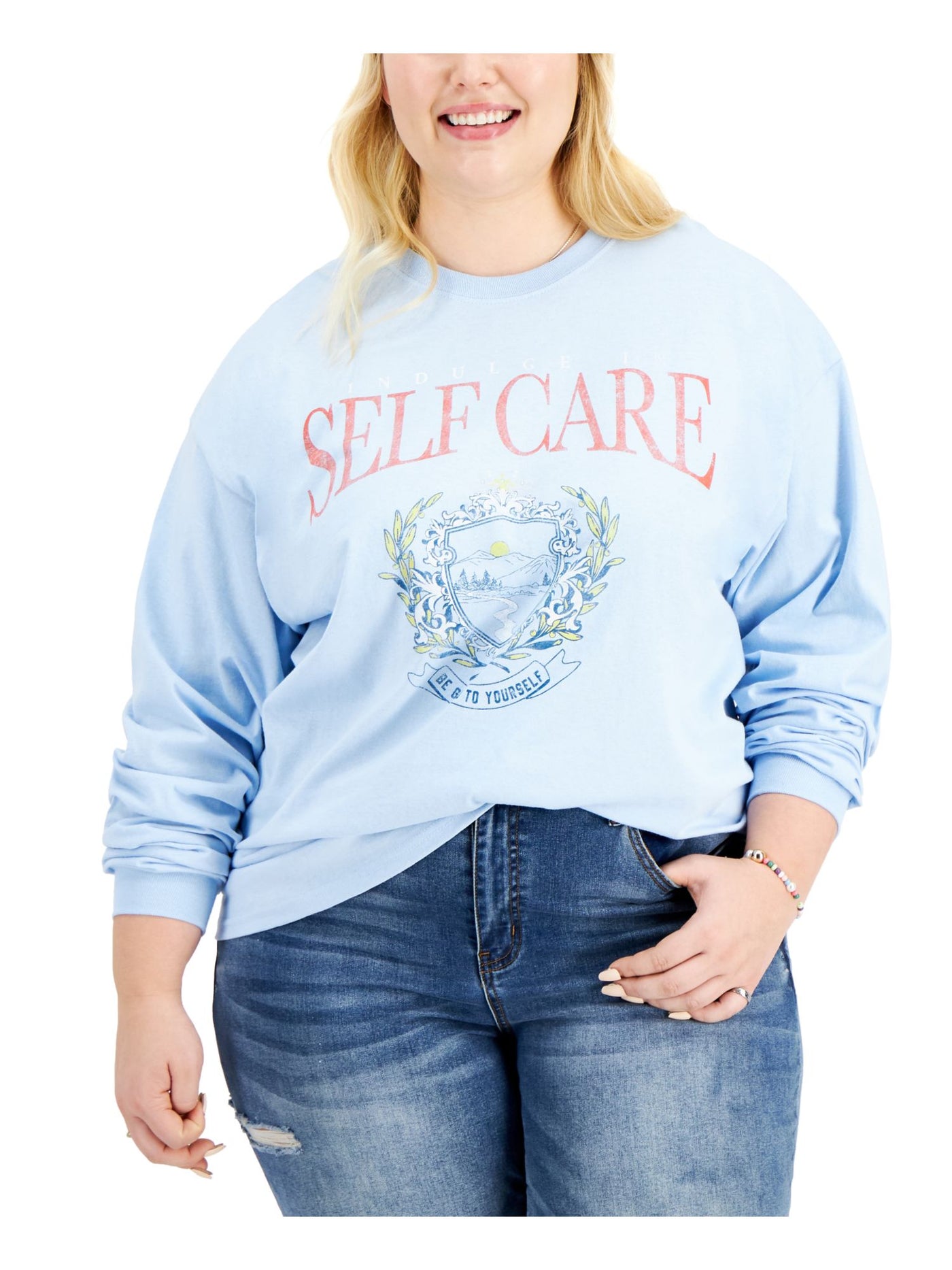 LOVE TRIBE Womens Light Blue Long Sleeve Crew Neck T-Shirt Plus 2X