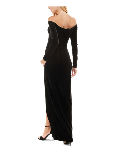 TEEZE ME Womens Black Slitted Textured Fitted Velvet Long Sleeve Off Shoulder Full-Length Cocktail Gown Dress Juniors 11\12