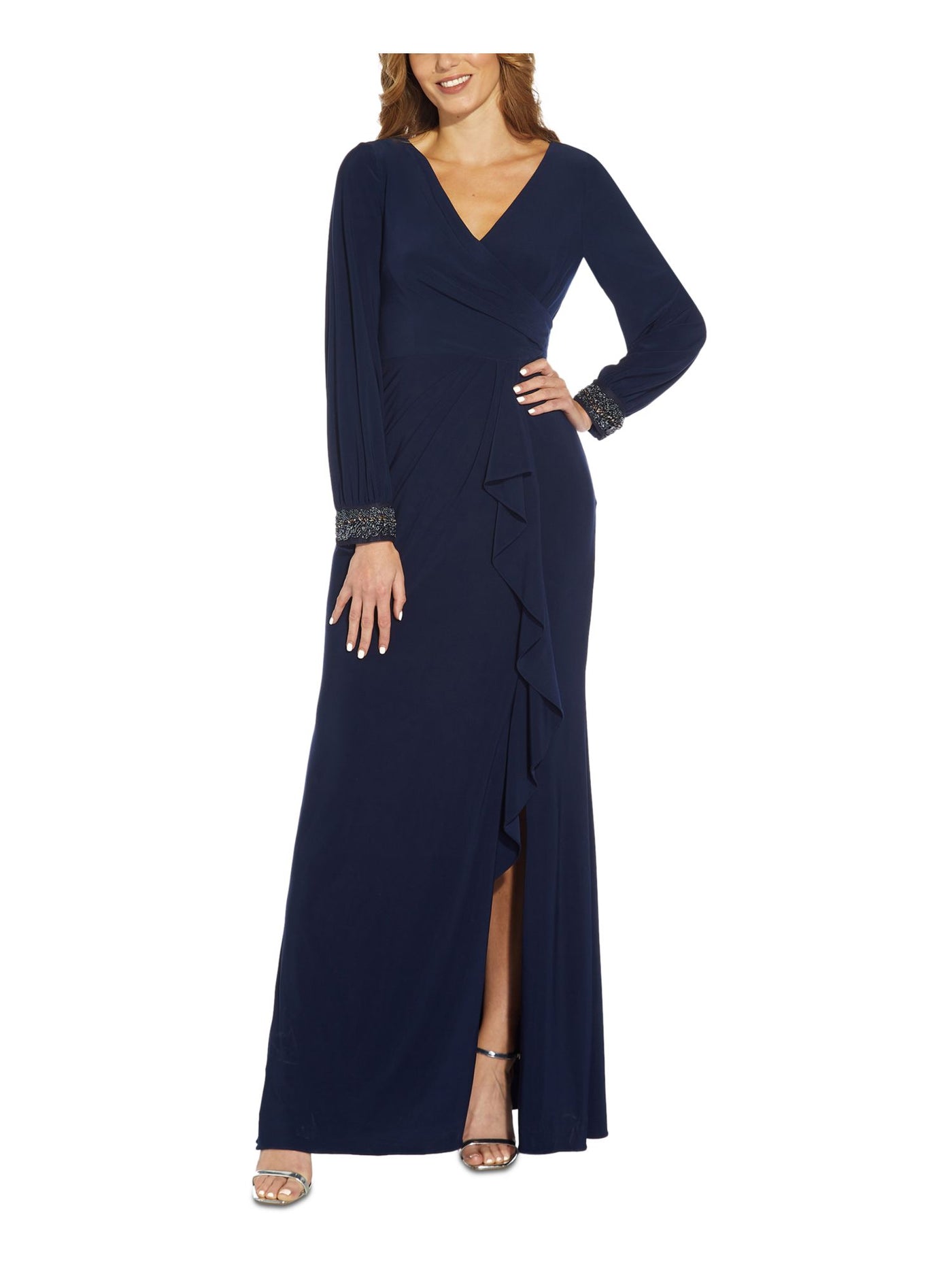 ADRIANNA PAPELL Womens Navy Zippered Pleated Ruffled Slit Lined Long Sleeve Surplice Neckline Full-Length Evening Gown Dress 6