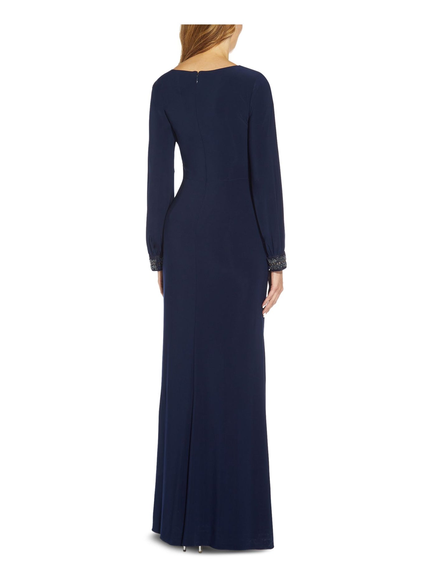 ADRIANNA PAPELL Womens Navy Jersey Beaded Zippered High Slit  Lined Cuffed Sleeve Surplice Neckline Full-Length Evening Gown Dress 2