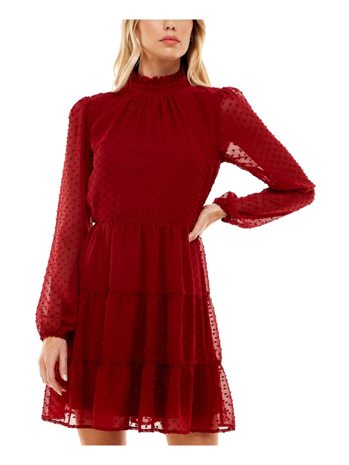 TRIXXI Womens Red Zippered Ruffled Sheer Lined Tiered Long Sleeve Mock Neck Short Fit + Flare Dress Juniors XL