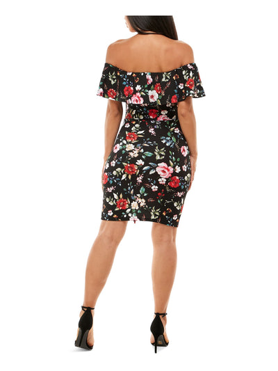 ALMOST FAMOUS Womens Black Ruched Tie Floral Short Sleeve Off Shoulder Above The Knee Party Body Con Dress Juniors S