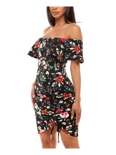 ALMOST FAMOUS Womens Black Ruched Tie Floral Short Sleeve Off Shoulder Above The Knee Party Body Con Dress Juniors S