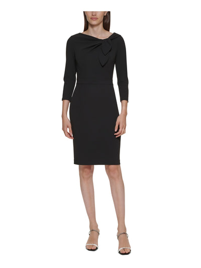 CALVIN KLEIN Womens Black Zippered Bow Accent 3/4 Sleeve Asymmetrical Neckline Above The Knee Wear To Work Sheath Dress 2