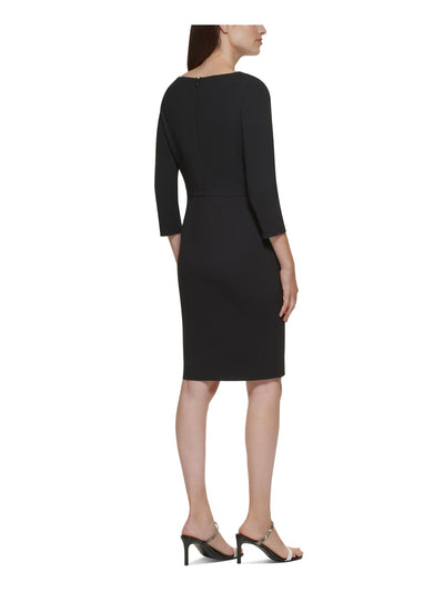 CALVIN KLEIN Womens Black Zippered Bow Accent 3/4 Sleeve Asymmetrical Neckline Above The Knee Wear To Work Sheath Dress 2