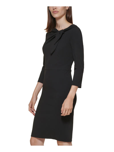 CALVIN KLEIN Womens Black Zippered Bow Accent 3/4 Sleeve Asymmetrical Neckline Above The Knee Wear To Work Sheath Dress 2