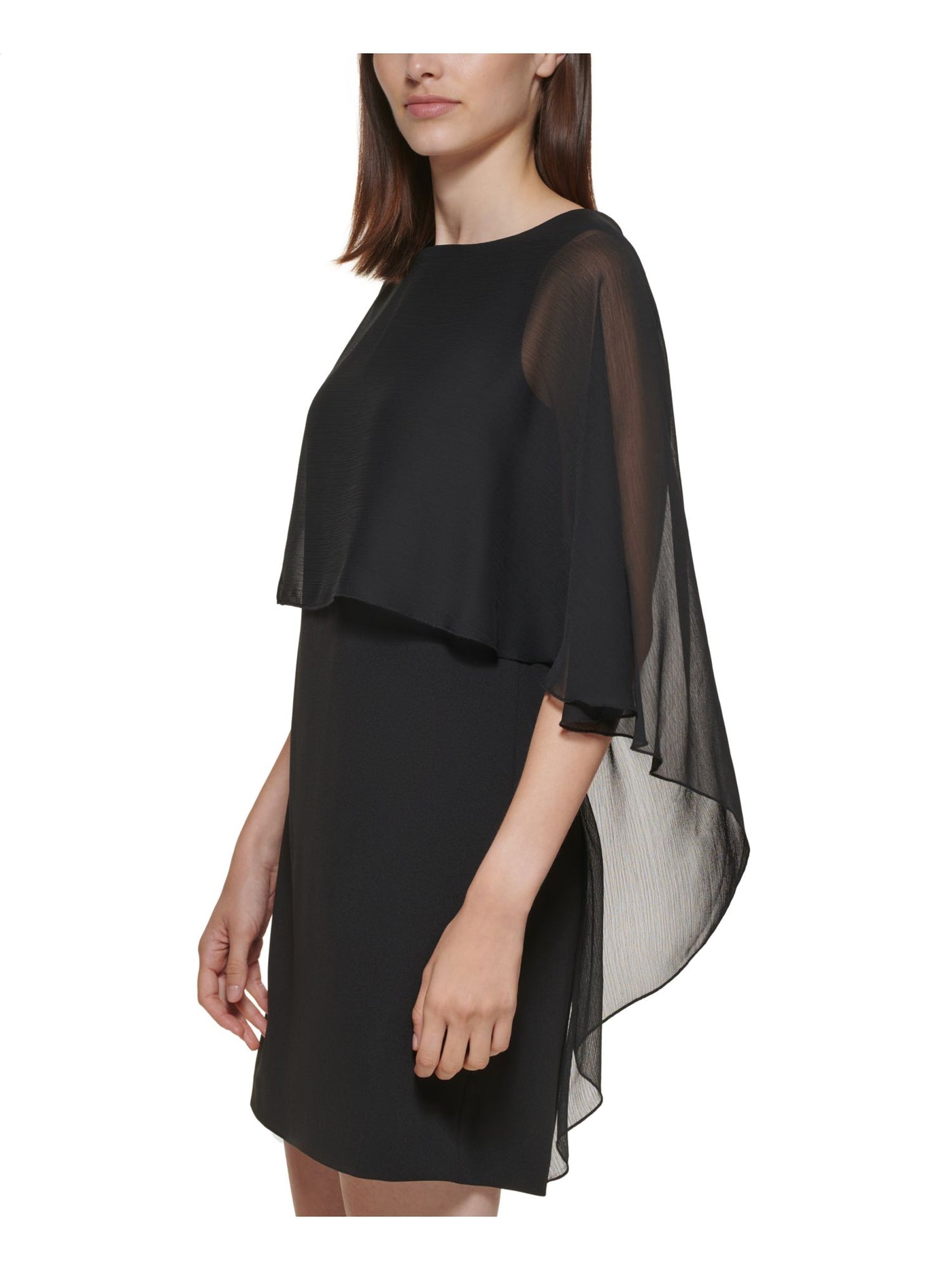 CALVIN KLEIN Womens Stretch Zippered Chiffon Cape Overlay Round Neck Short Party Sheath Dress