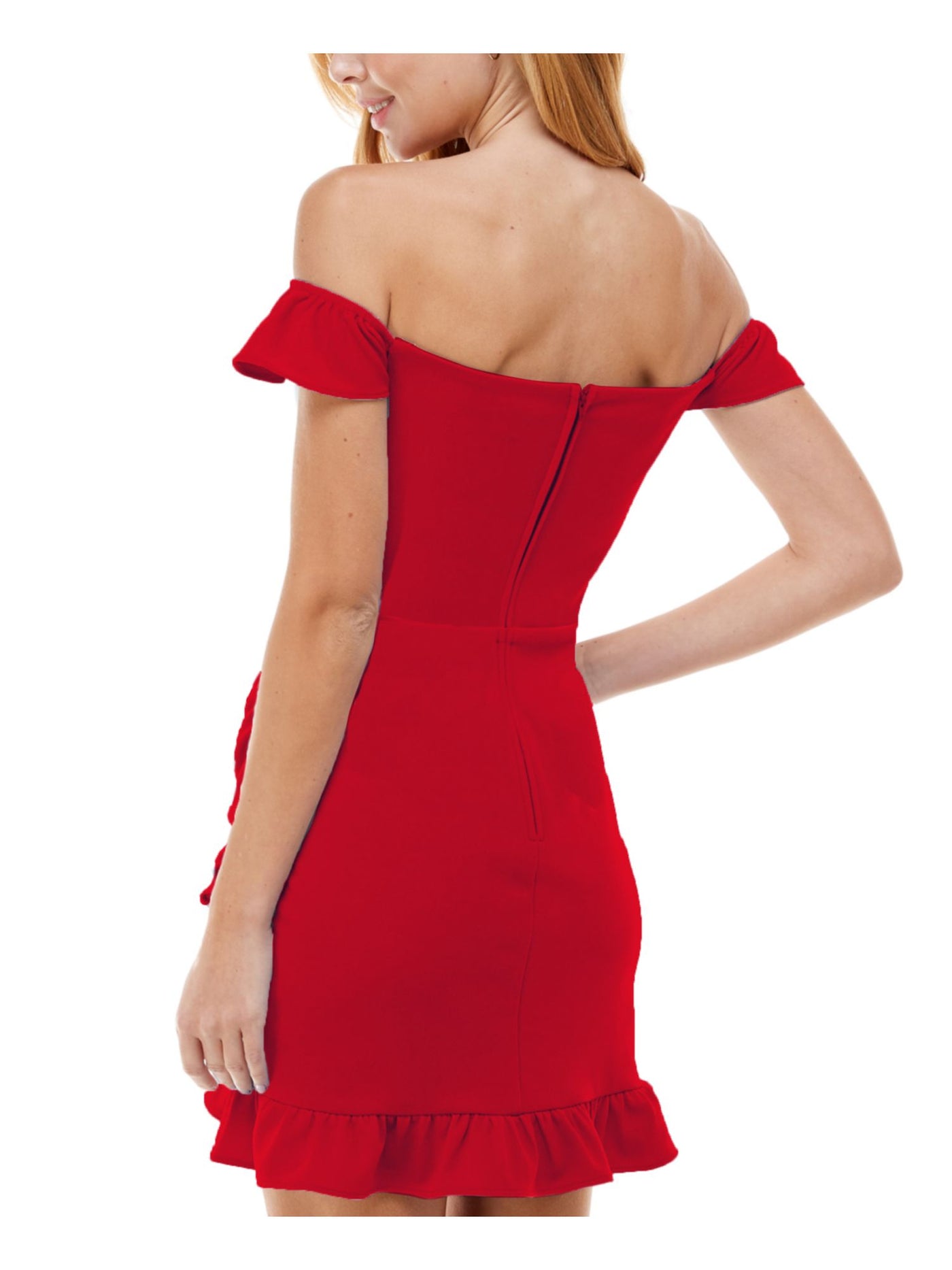 CITY STUDIO Womens Red Stretch Zippered Ruffled Fitted Tulip Hem Cap Sleeve Off Shoulder Above The Knee Party Sheath Dress Juniors 13
