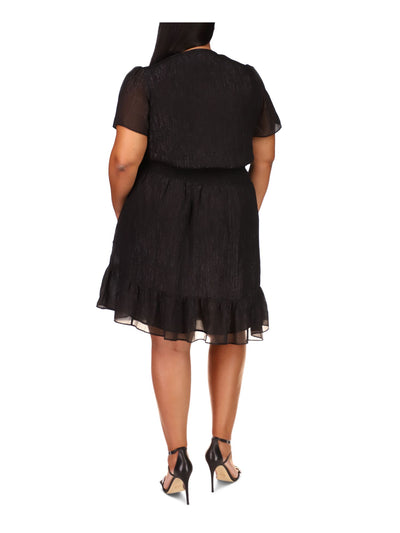 MICHAEL KORS Womens Black Smocked Sheer Ruffled Asymmetrical Hem Lined Flutter Sleeve Surplice Neckline Above The Knee Party Faux Wrap Dress Plus 1X