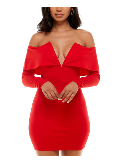 BEBE Womens Zippered Long Sleeve Off Shoulder Short Party Body Con Dress