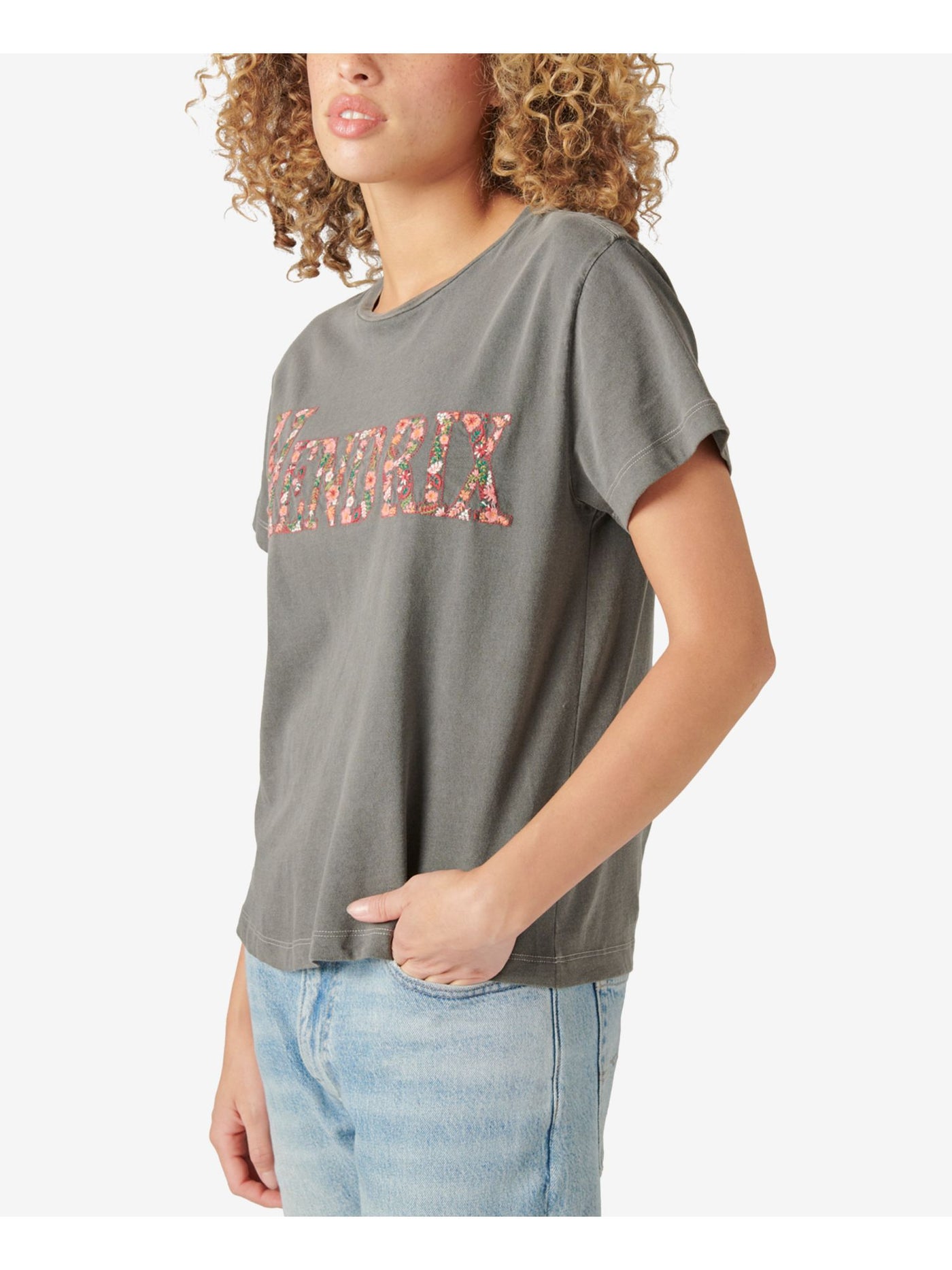 LUCKY BRAND Womens Gray Embroidered Pullover Back Center Seam Graphic Short Sleeve Crew Neck T-Shirt S