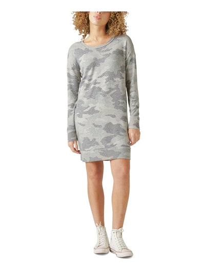 LUCKY BRAND Womens Gray Camouflage Long Sleeve Crew Neck Short Sweatshirt Dress XS
